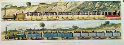 लिवरपूल और मैनचेस्टर रेलवे पर यात्रा: मेल के साथ कैरिज की पहली श्रेणी की एक ट्रेन, और बाहरी यात्रियों के लिए दूसरी श्रेणी की एक ट्रेन, एसजी ह्यूजेस, पब द्वारा उकेरी गई। आर। ए द्वारा इसहाक शॉ